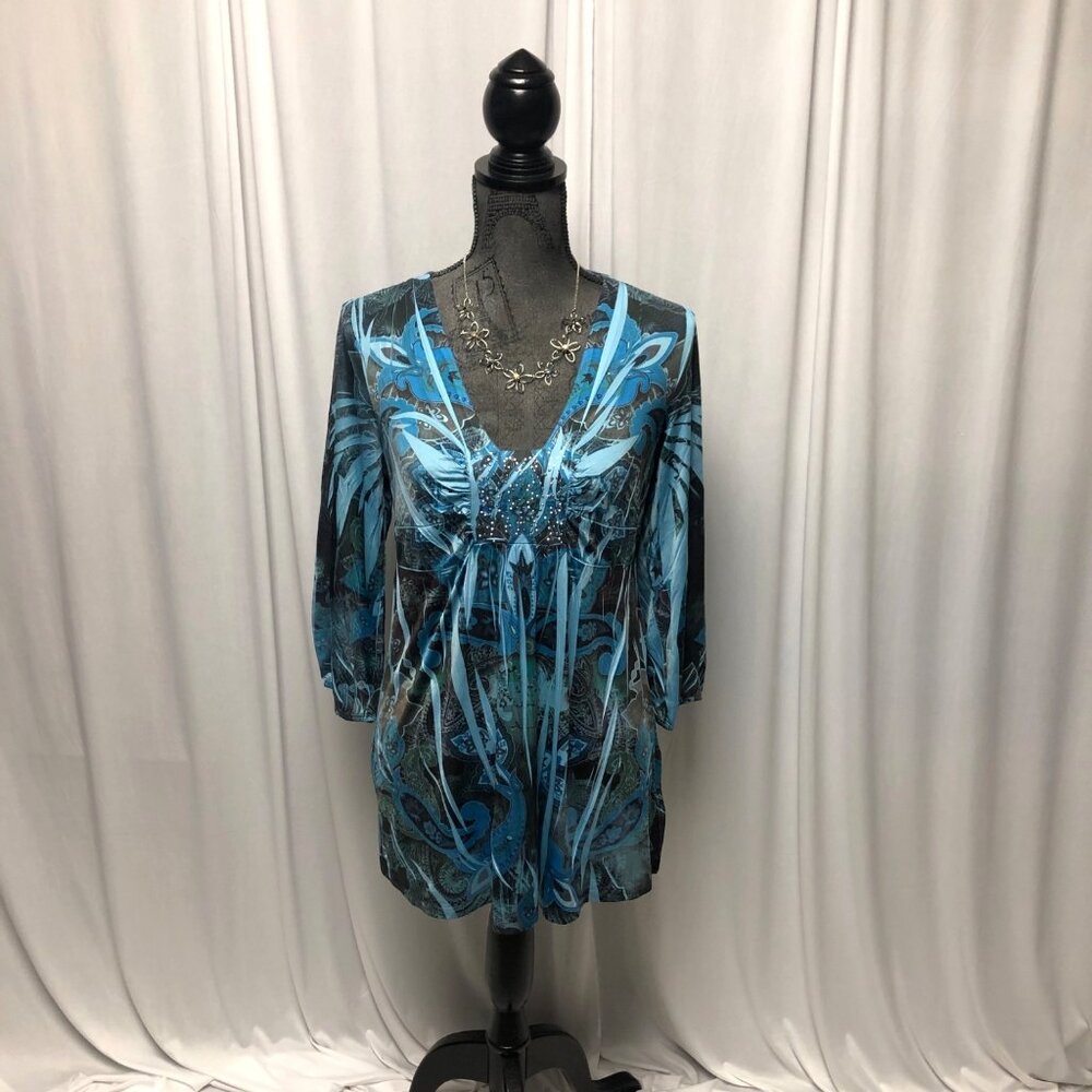 Apt 9 Top Womens Size Medium Blue Bedazzled Stretchy V-Neck Tunic Boho Fairy Y2K